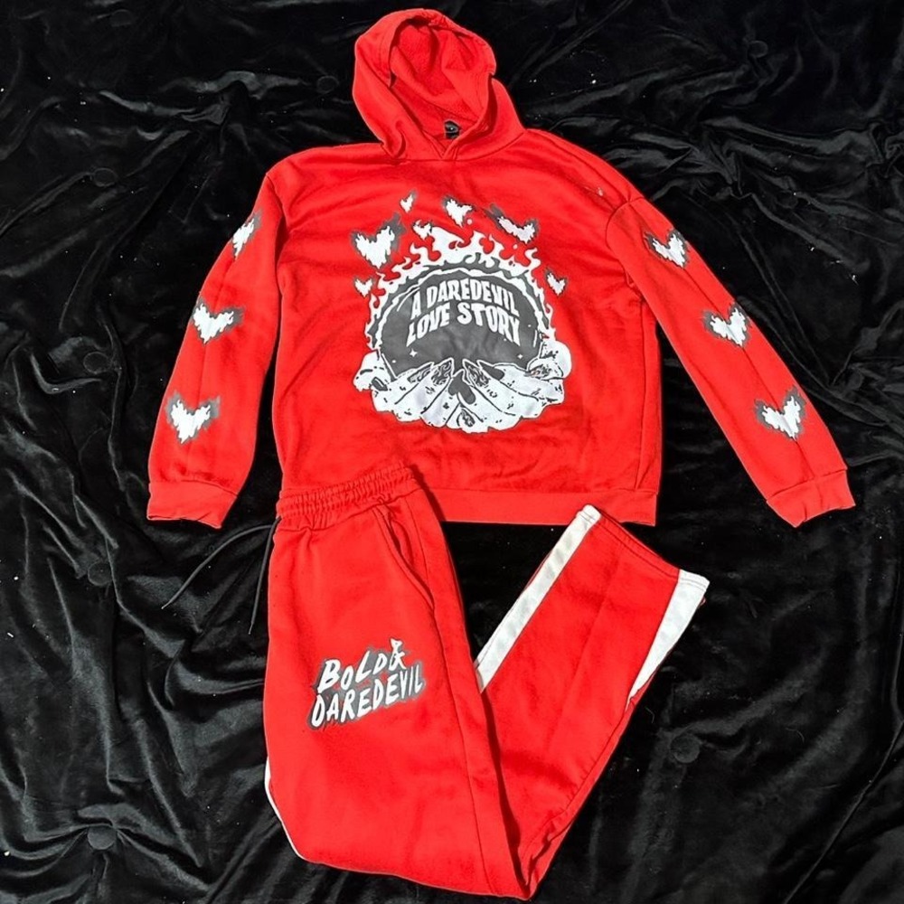 Y2K Red Marvel Daredevil 2pc tracksuit hoodie and track pants men's Size L heart